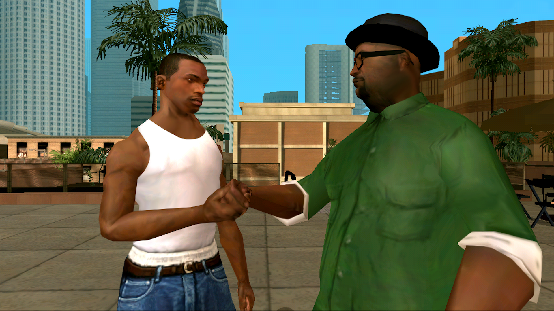 GTA San Andreas banner showing CJ in front of the Los Santos skyline